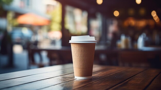 Taza de papel de café en una mesa de madera en una cafetería Espacio para texto y diseño