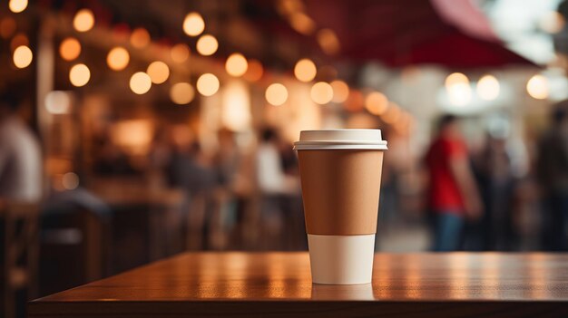 Taza de papel de café en una mesa de madera en una cafetería Espacio para texto y diseño