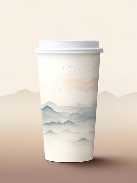 una taza de papel con una imagen de una montaña en el fondo