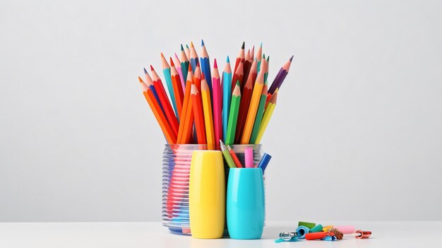 Taza con papelería escolar y cuadernos en fondo blanco