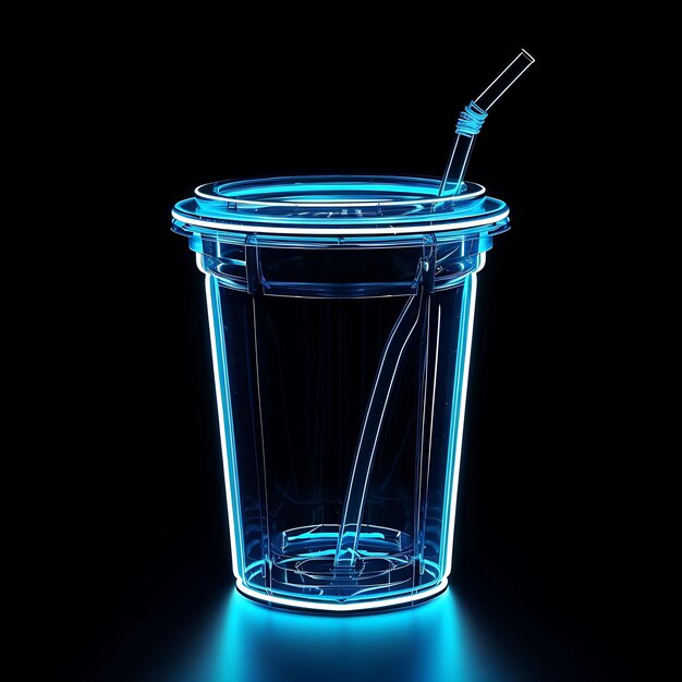 una taza de plástico azul con una paja en ella que está iluminada