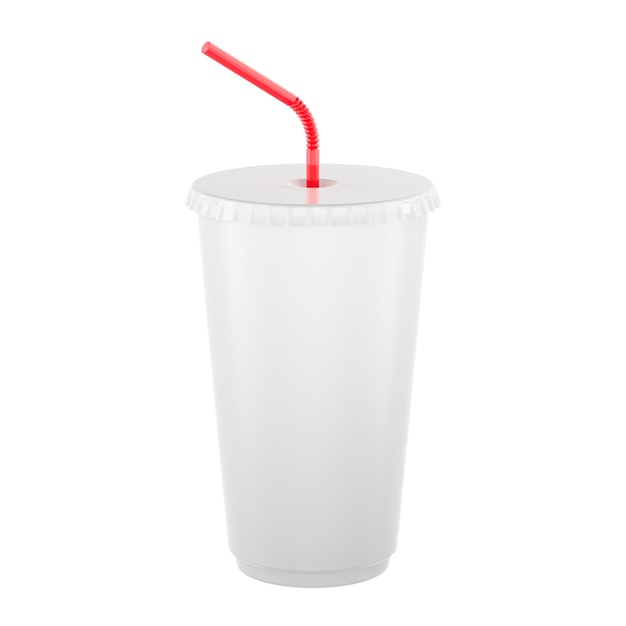 Taza de plástico con tapa y paja Taza PET desechable para bebidas frías representación 3D aislada sobre fondo blanco