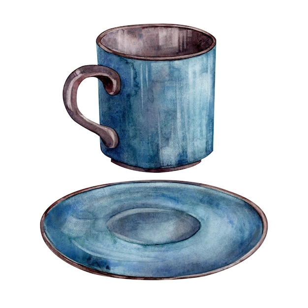 Taza y platillo Conjunto de acuarela Ilustración para imágenes prediseñadas Diseñado para menús blogs culinarios embalaje textiles sitios de diseño web pegatinas invitaciones patrones logotipos Dibujado a mano