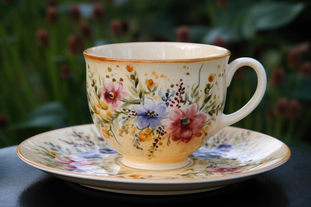 Taza y platillo pintados a mano con delicado diseño floral creado con ai generativo