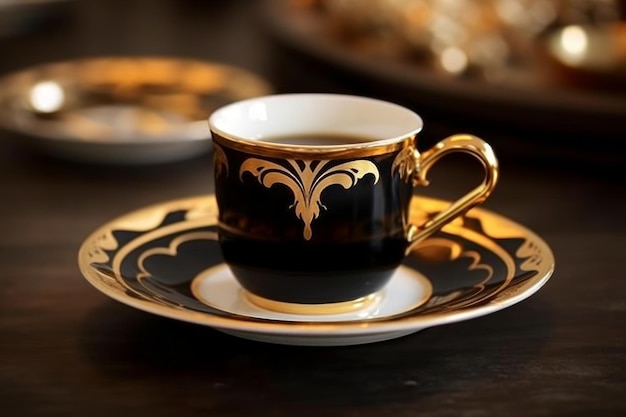 Una taza y plato con un diseño dorado en la parte inferior y un borde dorado.