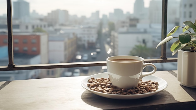 Taza en el plato llena de café rodeada de granos de café taza de café vista de la ciudad