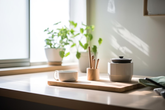 Una taza y plato de madera sobre una mesa con una planta en el fondo.