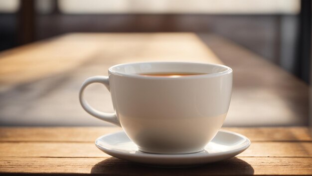 taza de porcelana blanca en una mesa de madera