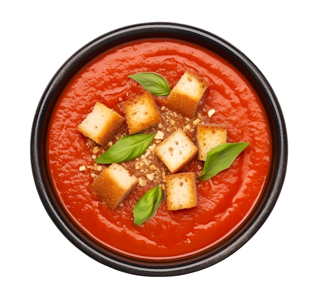 Taza preta de sopa de tomate isolada em fundo branco vista superior ai gerada
