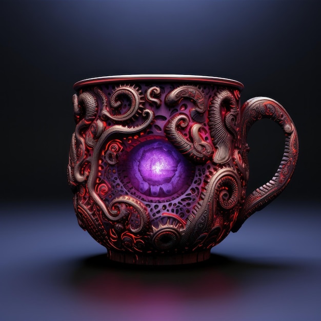 Una taza púrpura y roja con un diseño púrpira y púrpura
