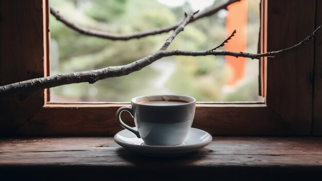 Taza de rama de café del alféizar de madera del árbol