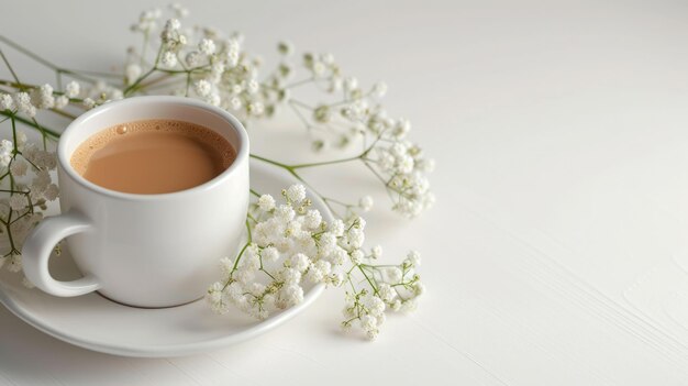 Taza realista de café con sabor en un plato con una ramita de gipsófila en el fondo blanco