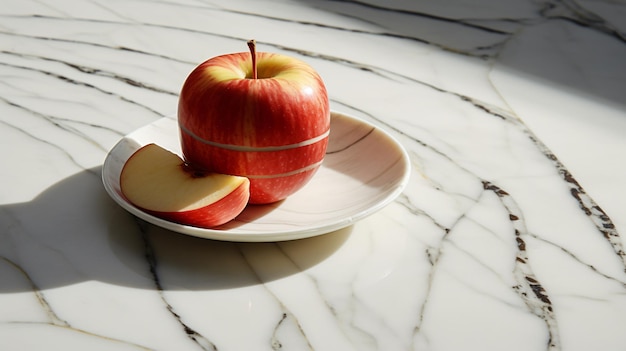 Una taza de rebanadas de manzana en una superficie de mármol
