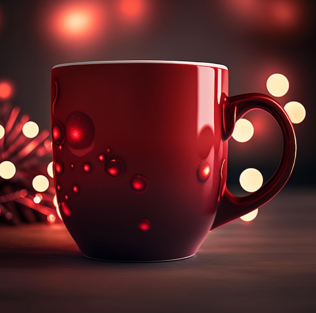 Una taza roja con un asa roja se sienta sobre una mesa con luces en el fondo.
