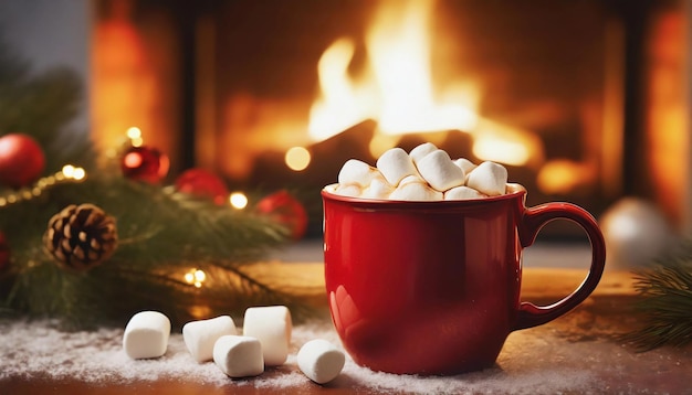 Taza roja de bebida de chocolate caliente con malvavisco y chimenea en el fondo