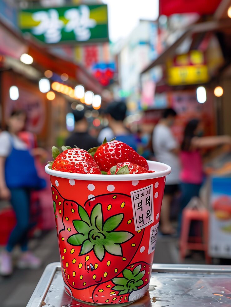 una taza roja y blanca con una fresa en ella