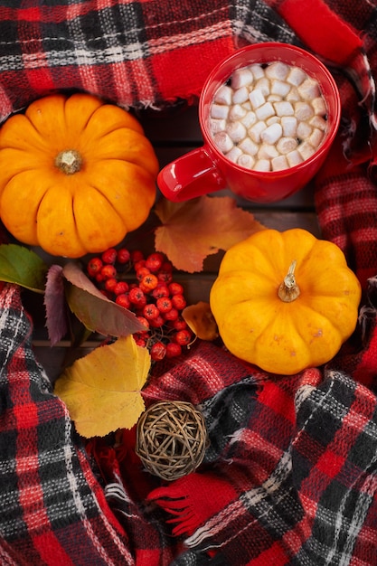 Taza roja con cacao y malvaviscos.