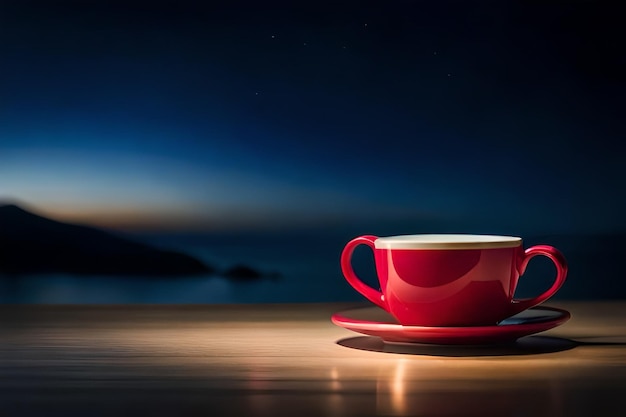 una taza roja de café en una mesa con el sol poniéndose detrás de ella.