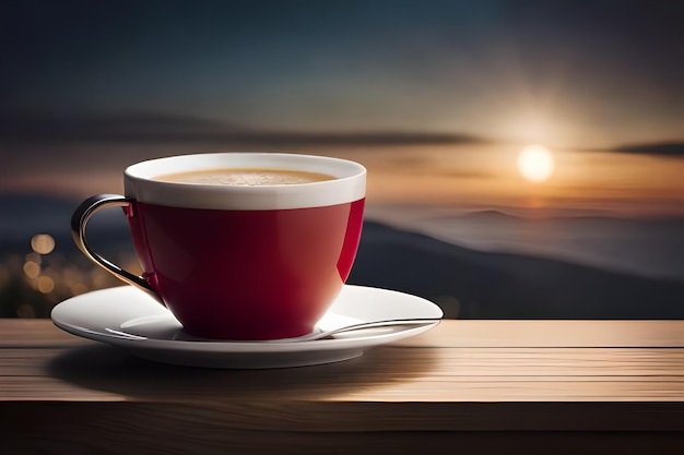 una taza roja de café se sienta en un plato al lado de un plato con una cuchara