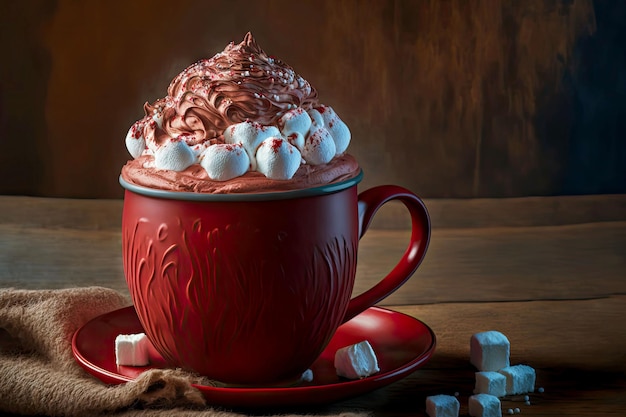 Taza roja de chocolate caliente de cacao con montículo de malvaviscos y crema blanca