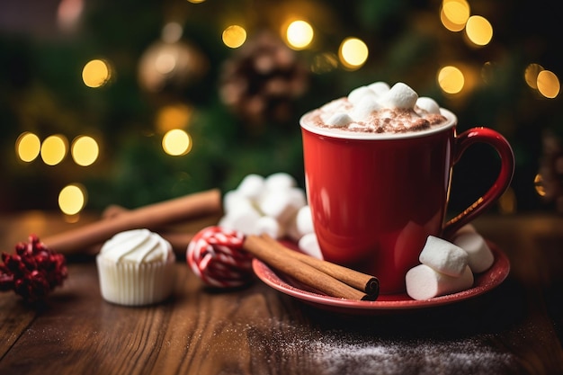 Taza Roja de Chocolate Caliente con Malvaviscos Generative Ai