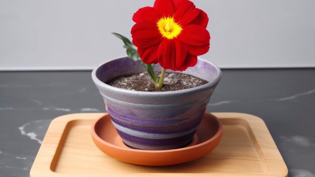 Una taza roja con una flor en ella se sienta en una bandeja