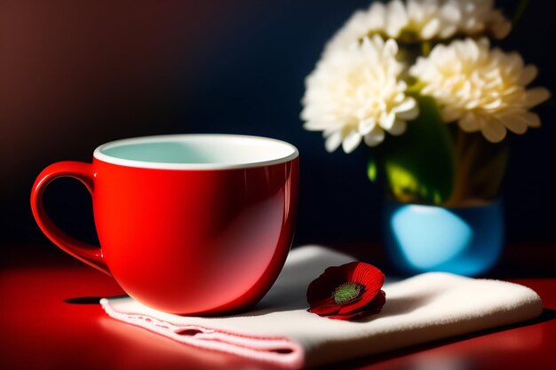 Una taza roja con una flor en el fondo.