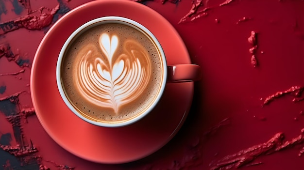 Foto una taza roja de latte con una hoja en la parte superior