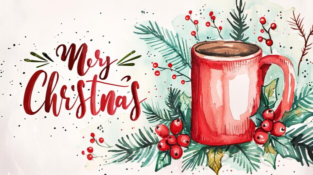 Con taza roja y letras esta tarjeta navideña de acuarela muestra una bebida caliente en una taza rojo