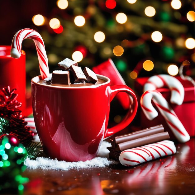 Taza roja llena de chocolate caliente y caña de caramelo de malvavisco en la mesa rústica de fondo navideño