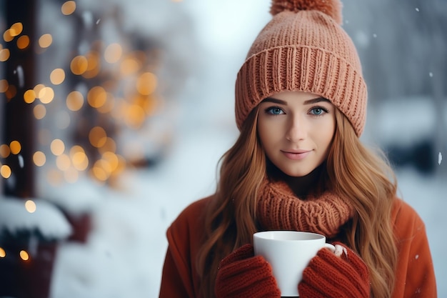 una taza roja en las manos de los vestidos con guantes de punto contra el telón de fondo de un paisaje de nieve borrosa