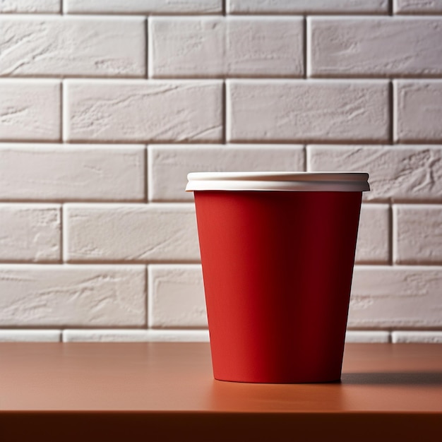 Taza roja en la mesa contra el fondo de la pared de ladrillo blanco.