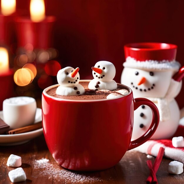 Taza roja con el tema festivo de Navidad de marshmallow de nieve sonriente