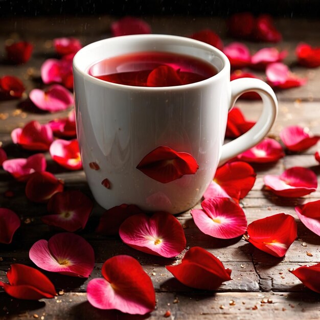 Foto una taza de romance con una taza llena de pétalos de rosas