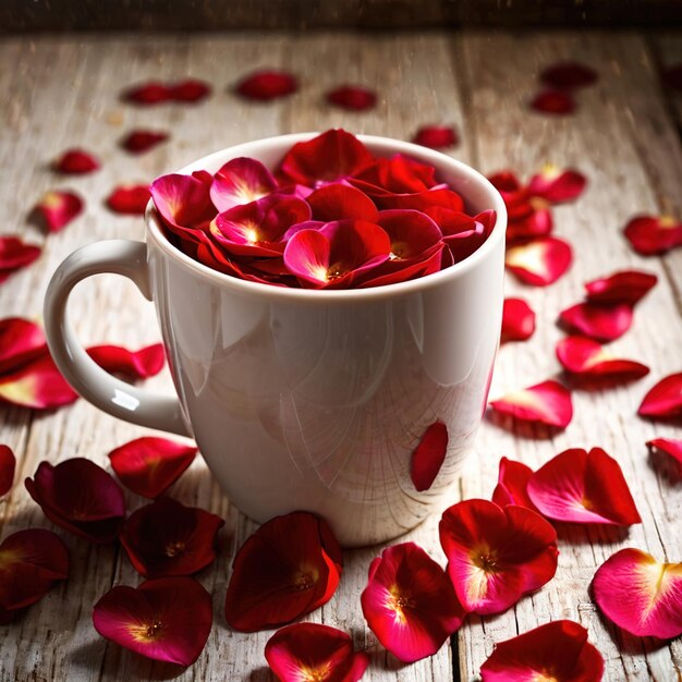 Foto una taza de romance con una taza llena de pétalos de rosas