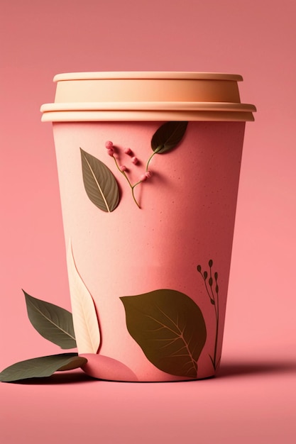 Una taza rosa con un diseño de flores.