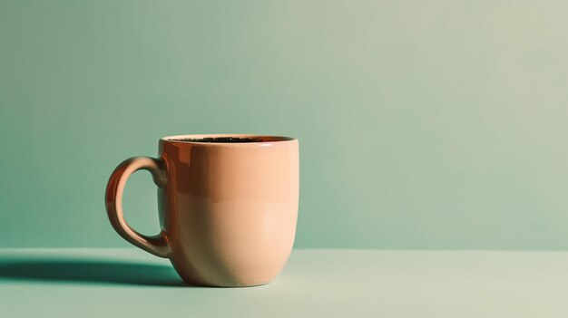 Una taza rosa con un fondo azul que dice café.