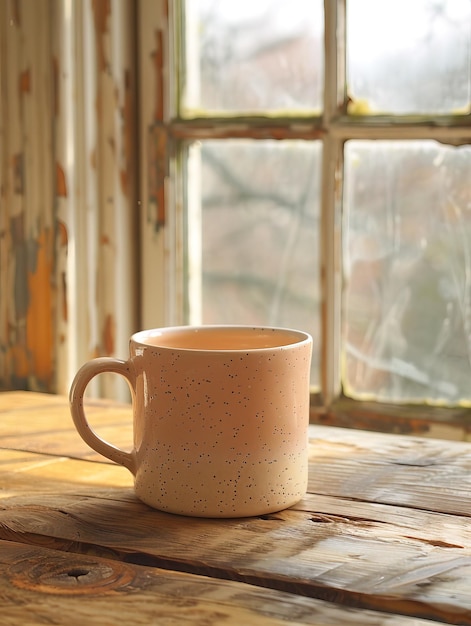 Foto una taza rosa melocotón se sienta en una vieja mesa de madera bañada en el suave resplandor de la luz natural