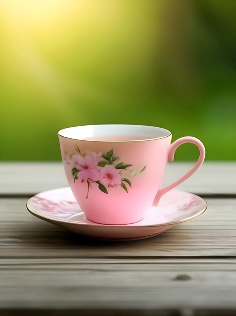 Foto una taza rosa con un patrón floral en ella se sienta en una mesa de madera