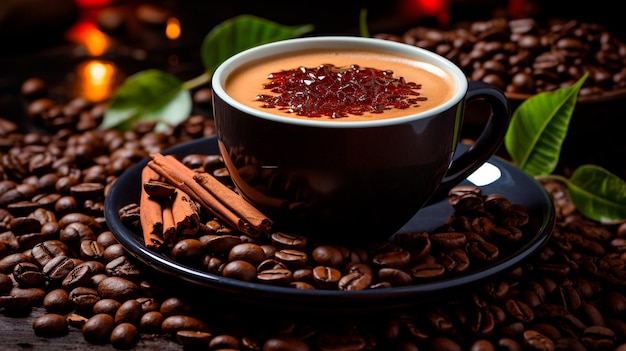 taza con sabroso café caliente con palitos de canela y granos de café sobre fondo de madera oscura