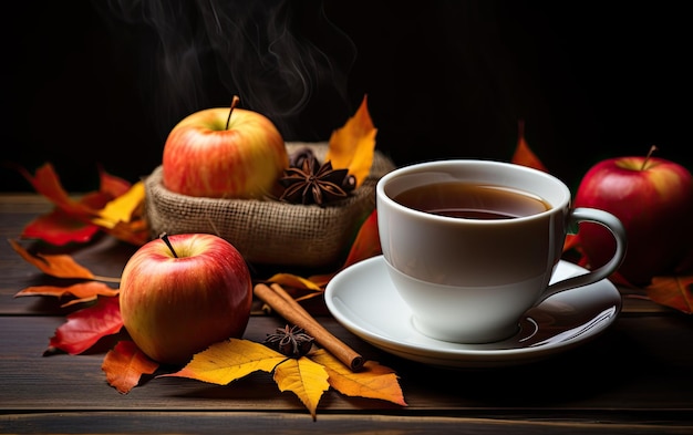 Una taza de sidra de manzana en una mesa de madera