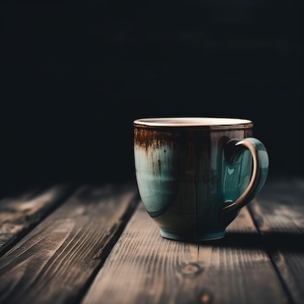 Una taza sobre una mesa de madera con un fondo oscuro.