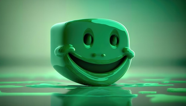 Una taza sonriente verde con una cara sonriente se asienta sobre un fondo verde.