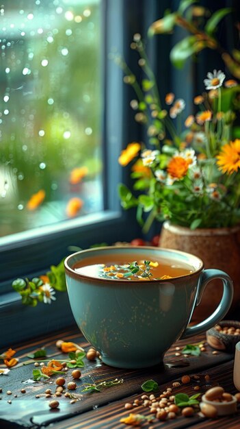 Una taza de sopa caliente y flores.