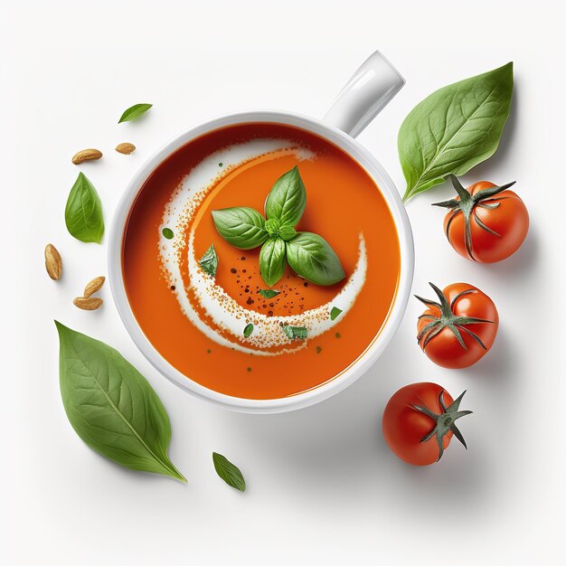 Taza de sopa de tomate con hojas verdes frescas y tomate rojo gordo