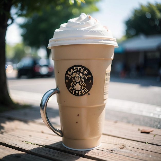 Una taza de Starbucks con un logo negro.