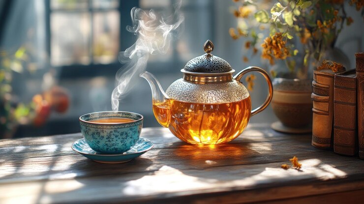 Taza y taza de té al vapor en una mesa de madera con flores de luz solar y libros en el fondo