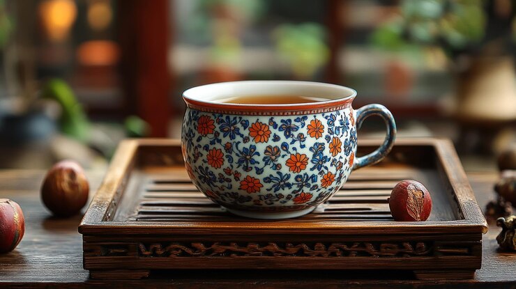 Taza de té adornada en una bandeja de madera