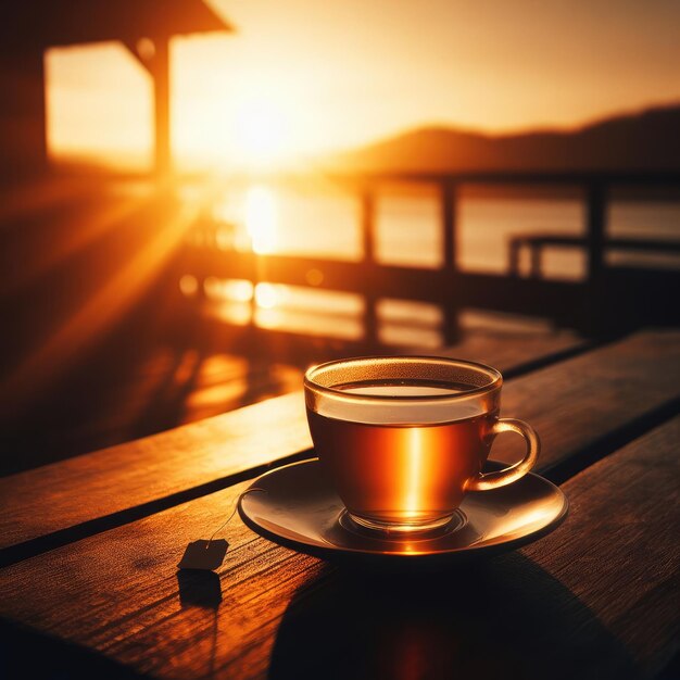 Foto una taza de té al atardecer por la mañana