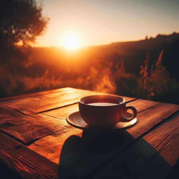 Foto una taza de té al atardecer por la mañana